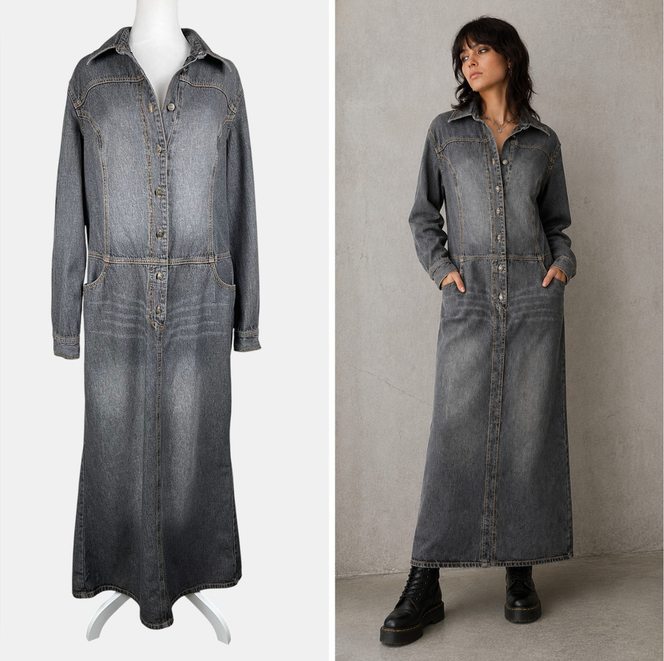 Vintage Y2K Newport News Maxi Denim Dress Gray Grunge Utility 14
