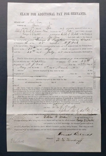 Antique Civil War Document Claim Servants Pay New Jersey 35th Regiment