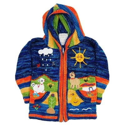 Kinder Jungen Handarbeit bestickt peruanischer Strickpullover Strickjacke blau