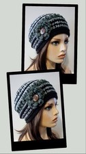 crochet handmade womans flower hat beanie gray ombre puffs new