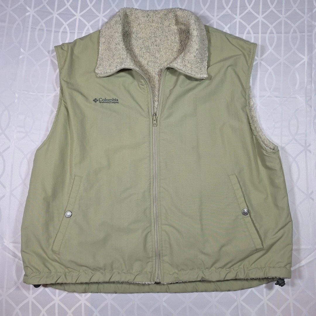 Columbia Sportswear Reversible Vest Sherpa Fleece Beige Tan Outdoor Hike XL