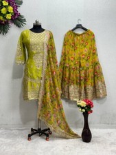 New Heavy Chinnon Silk Parrot Green Top Palazzo With Dupatta For Party Wear