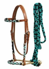 Showman Leather Bosal Headstall with Beaded Overlays & Teal Cotton Mecate Reins!