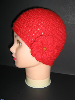 Crochet Beanie Hat Chemo Cap Red Flower Adult Small/Medium Acrylic NEW