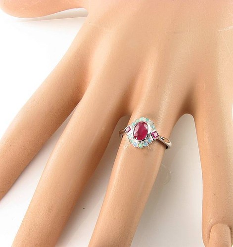 9k 9CT WHITE GOLD RUBY OPAL ART DECO INS CLUSTER RING FREE RESIZE - Picture 5 of 5