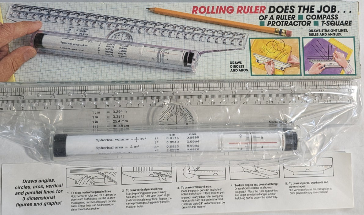 NEW Rolling Ruler 12" Compass Protractor T-Square For Angles Arcs Circles Lines