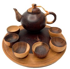 Miniature Hand Crafted Wood Carved Teapot  6 Cup Set With Wood Plate