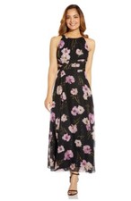 Adrianna Papell Floral Fit and Flared Lined Dress Chiffon Midi Black PlusSize 18