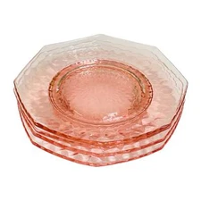 (4) Jeanette Diamond Design Pink Depression Glass Octagon 8 Sided 6" Plates