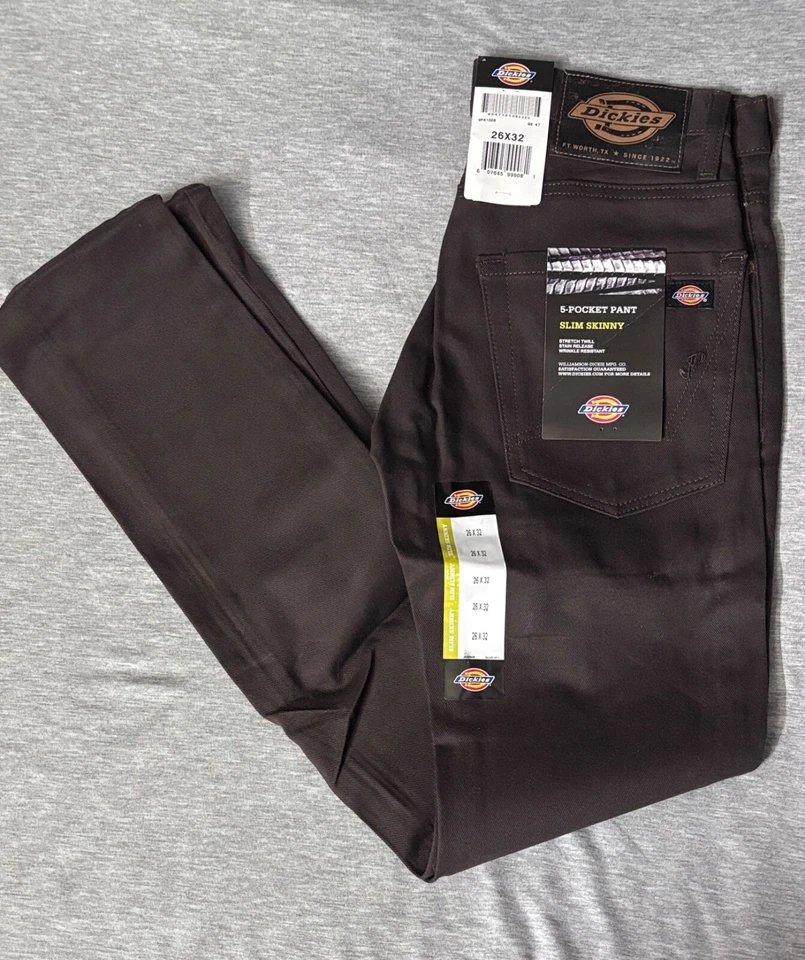 Dickies Hombre Marrón Oscuro Elástico Lona Sarga Delgado Pantalones de Trabajo Tallas 26-38 Nuevo Foto 2 de 2