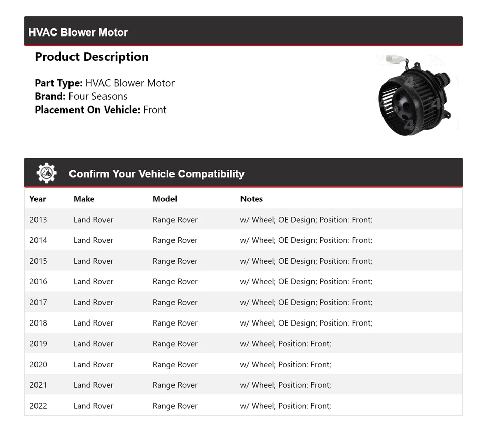Para Land Rover Range Rover 2013-2022 HVAC Soplador Motor Delantero 4 Temporadas 2014 2015 Foto 2 de 4