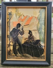 Vintage Reverse Paint Silhouette Framed Curved Glass Guitar Serenade