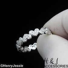 WOMEN 925 STERLING SILVER FULL ICY CZ HEART SHAPE BAND LINK ETERNITY RING ASR210