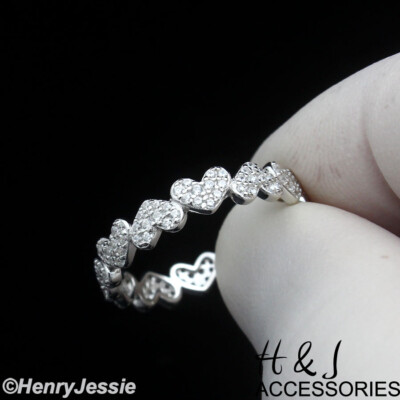 WOMEN 925 STERLING SILVER FULL ICY CZ HEART SHAPE BAND LINK ETERNITY RING*ASR210