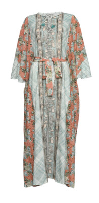 D'Ascoli Aster Kaftan Caftan Fine 100% Cotton Khadi Apricot Aqua, One Size NWT