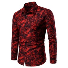 Mens Shirt Basic Tops Floral Blouse Long Sleeve Slim Fit Fashion Button Up M-4XL