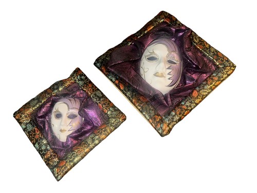 Porcelain Venetian Mask Wall Art Made in Taiwan Purple Gold Pair - Picture 3 of 14