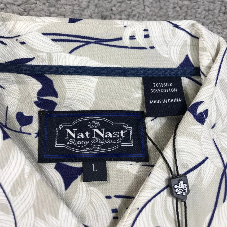 Nat Nast Shirt Mens Large Button Up Silk Beige Ivory Floral Blue Camp Shirt - Image 4 of 4