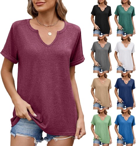 2025 Womens Summer Tops Short Sleeve V-Neck T Shirts Casual Basic Tees Trendy Cl - Picture 6 of 6