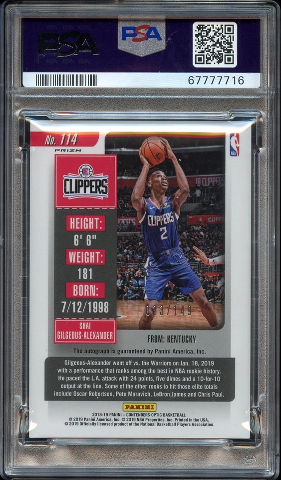 2018 Panini Contenders Optic #114 Shai Gilgeous-Alexander Red Auto /149 PSA 9/9 - Image 2 of 2