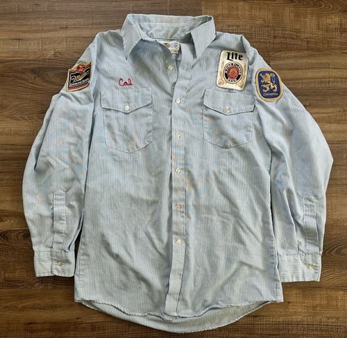 Vtg Miller Light Striped Blue Work Shirt M 15 1/2 Beer High Life Uniform