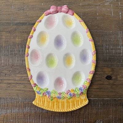 Vtg HomeTrends Easter Ceramic Deviled Egg Plate Pastel Basket with Box