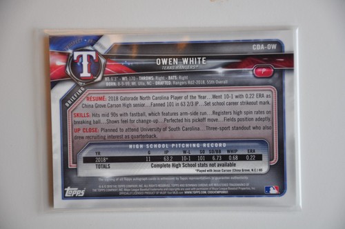 2018 Bowman Draft Chrome Prospect Owen White 1ère Auto #CDA-OW Rangers - Photo 2/2
