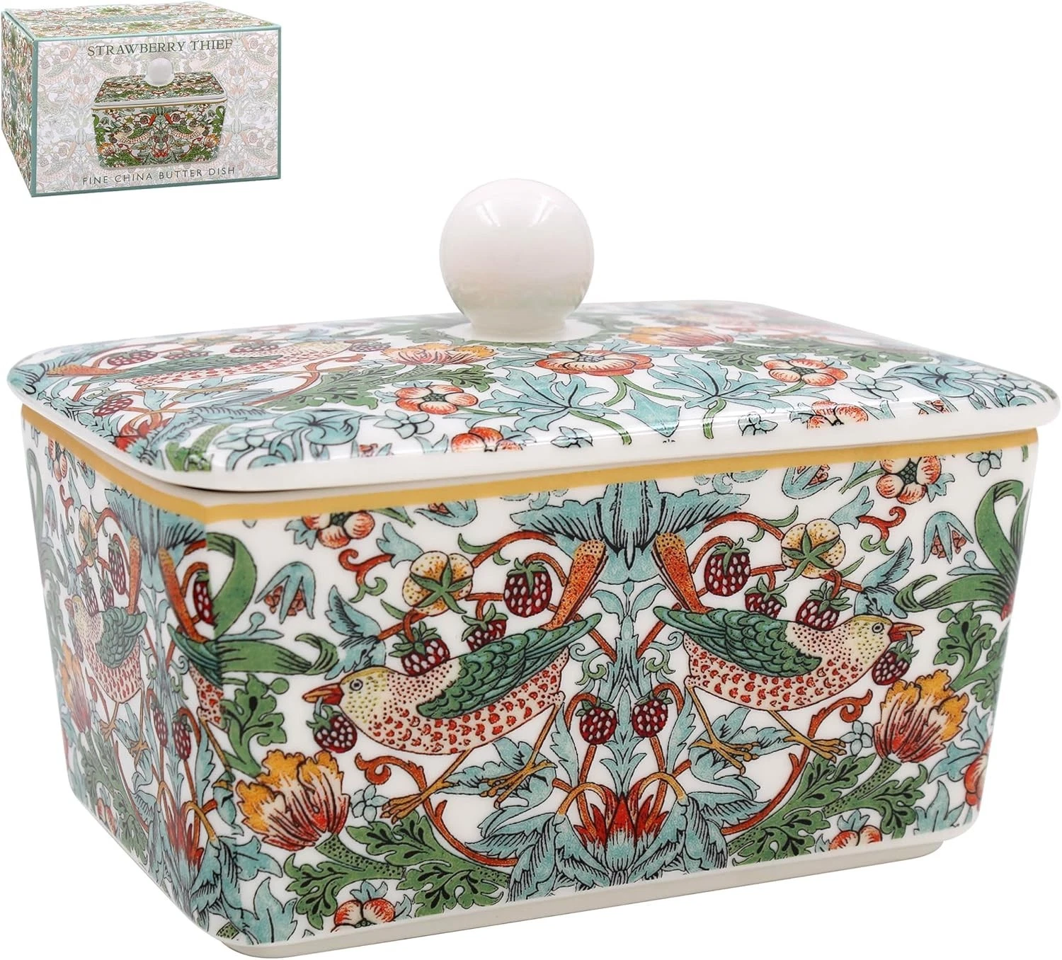 Gift Boxed Fine China Strawberry Thief William Morris Design Lidded Butter Dish