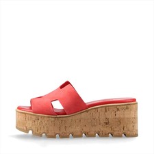 Hermès Eze Suede Wedge Sole Sandals 37 Ladies' coral red  Thick bottom Cork sole