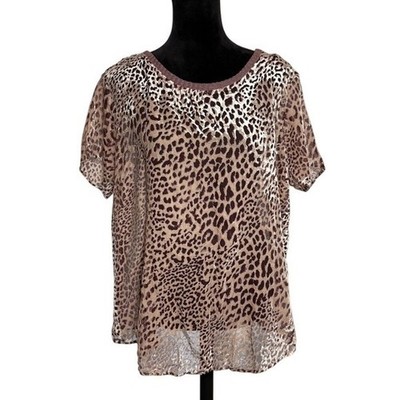 Kori Velvet Burnout Top Women L Brown New Leopard Print Sheer Short Sleeve