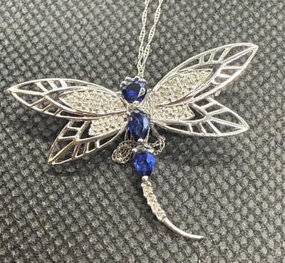 Heng Ngai 10K White Gold Dragonfly Brooch necklace sapphire  & Diamonds