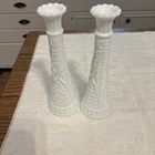 Vintage White Milk Glass Ornate Scalloped Rim Bud Vase Set of 2