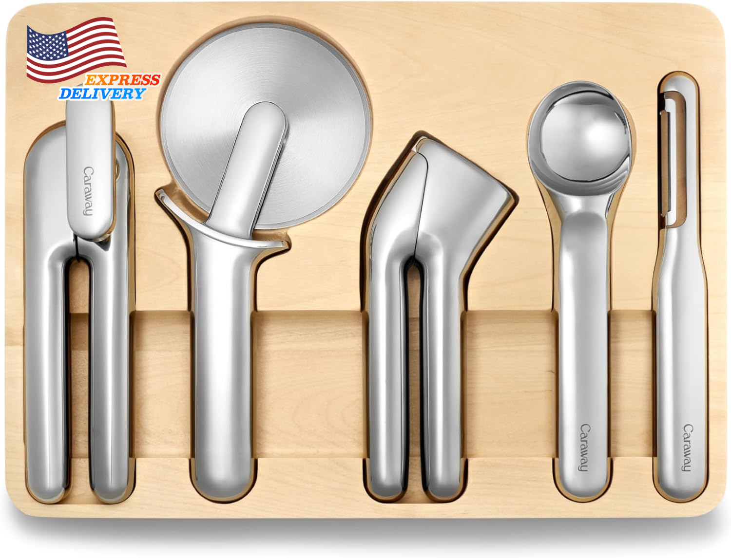 Kitchen Gadget Set Can Opener Pizza Cutter Scoop Peeler & Storage Organizer NEW