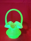 Fenton Art Glass Vaseline Uranium Topaz Opalescent Drapery Optic Basket Signed