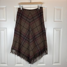 Vintage Lauren Ralph Lauren Lambswool Brown Plaid Midi Skirt Fringe Petite 6P