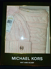 Michael Kors Women's Pink Cable Knit Logo Pom Pom Hat Scarf Set, One Size