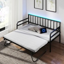 Single Size Daybed with Charging Station LED Lights Metal Sofa Bed Frame Black