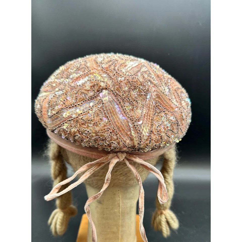 De colección 1940s 1950s Rosa Cuentas Lentejuelas Terciopelo Lana Sombrero Gorra Boina Deauville Foto 2 de 4