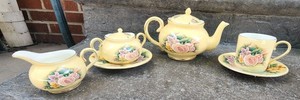 Vintage "Hour Of Power" Bone China Yellow Tea Teapot ,2 Saucers, 1 Cup,Crm,Sugar
