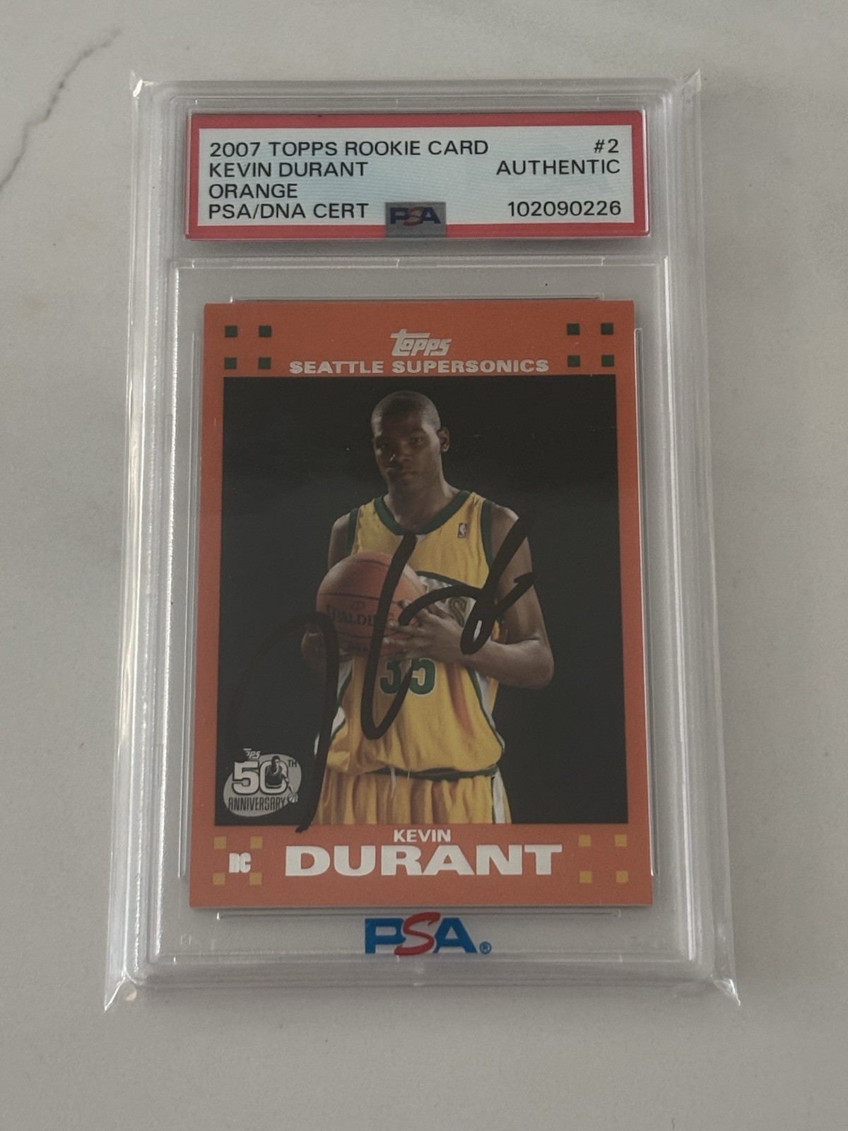 KEVIN DURANT SIGNED SONICS 2007 TOPPS ORANGE ROOKIE CARD #2 RC AUTO PSA/DNA
