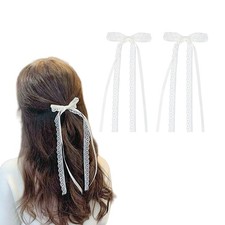 2 PCS White Lace Bow Hair Clip Long Tail Cute Ribbon Decorative Accessory