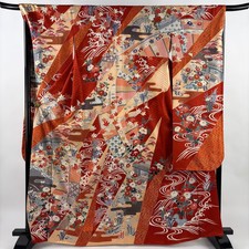 JAPANESE KIMONO FURISODE VERMILION 166cm 5 ft 5 in PURE SILK B1581
