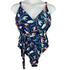 Mynah Women's Lush Leaves V Neck Sash Tie One Piece Swimsuit Size 24W
