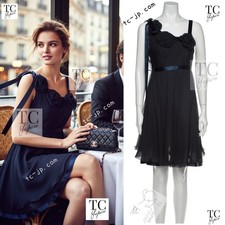 CHANEL 07S Dark Navy Silk Camellia Dress CC Button Karl Lagerfeld 34 US2