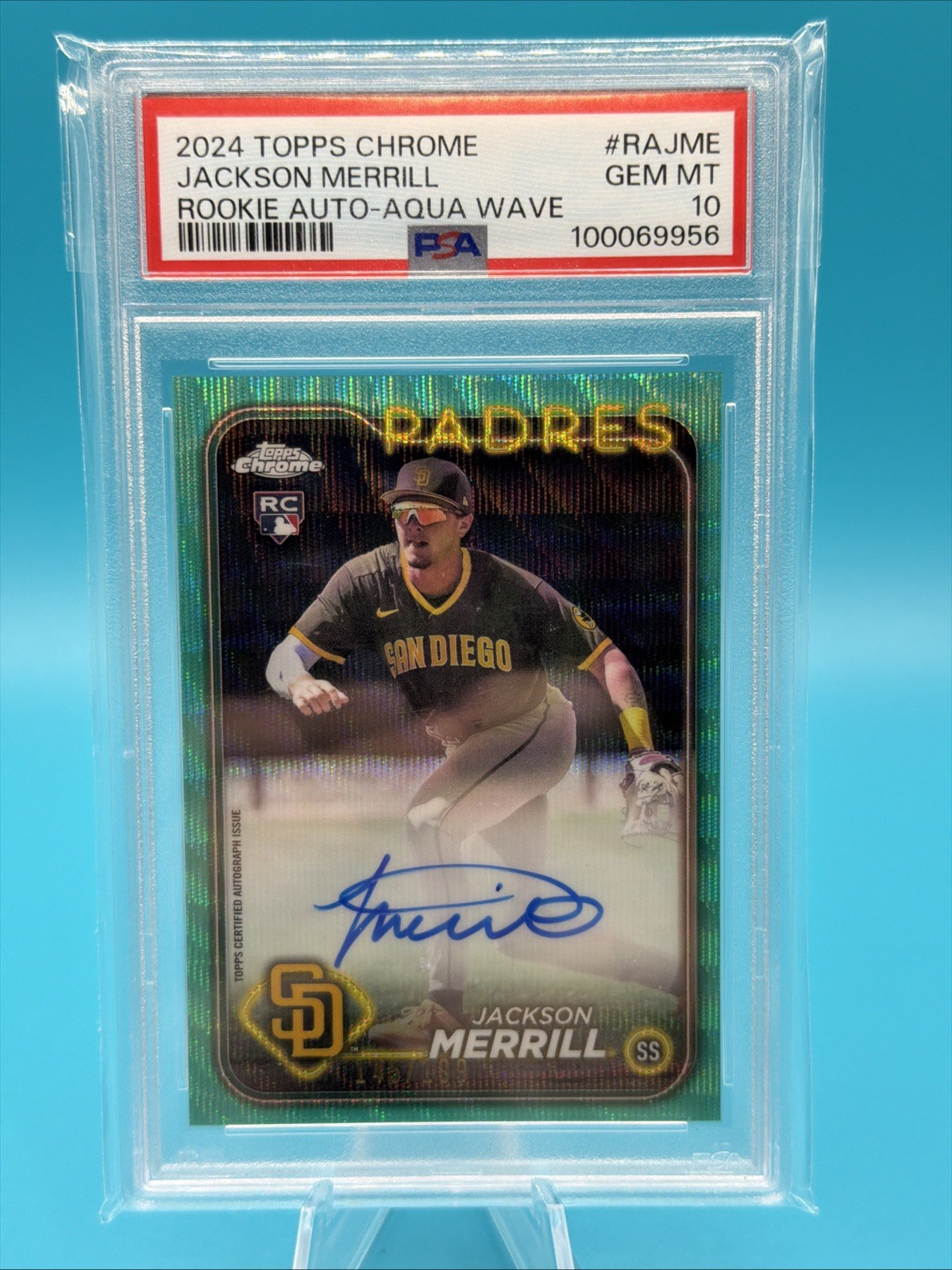 2024 Topps Chrome Rookie Auto Aqua Wave /199 #RA-JME Jackson Merrill PSA 10
