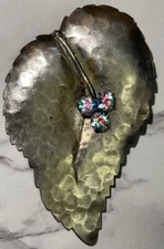 Vintage Silver Tone Leaf Blue Rhinestones Scarf Clip Slide YP-49