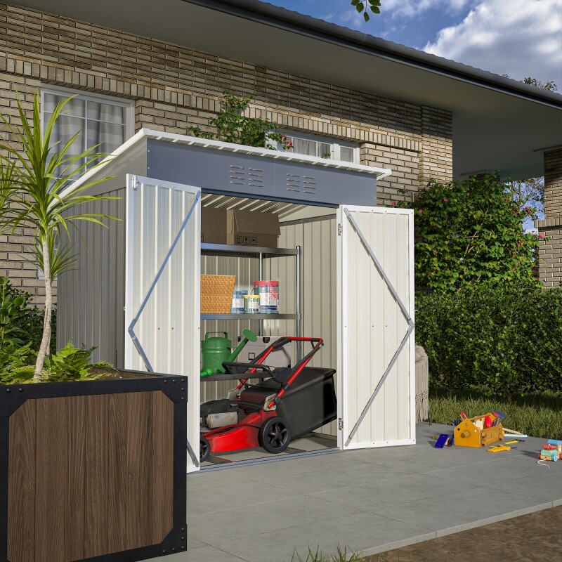 6ftx4ft Outdoor Metal Storage Shed W/Floor Frame & Lockable Door For Garden Tool