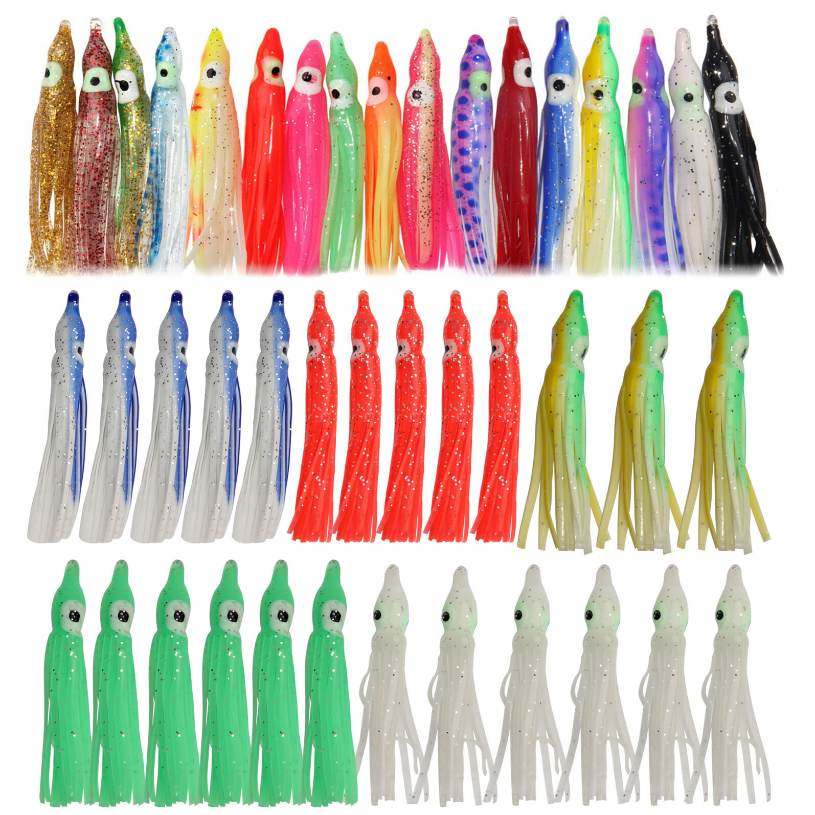60Pcs Soft Octopus Squid Skirt Lures for Saltwater Fishing, 2-4.72 Inch