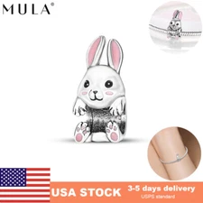 MULA European Pink Cute Rabbit DIY Charm Enamel For Bracelet 925 Silver Plated