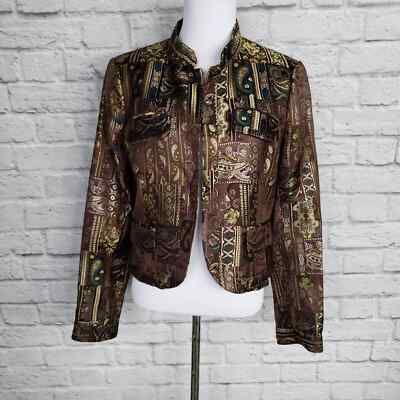 ABS by Allen Schwartz Brwon Gold Jacquard Open Front Jacket Standing Collar Sz 8